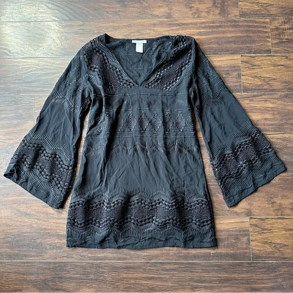 La Blanca Black Crochet V Neck Swim Cover Dress